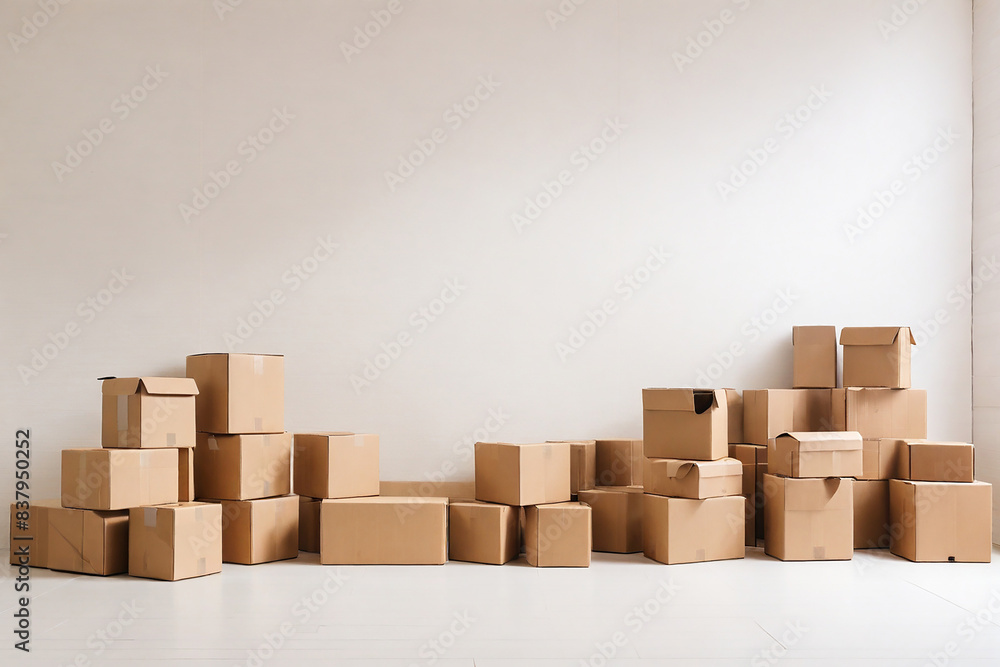 Pile of cardboard boxes in empty room with copy space on wall Pile of cardboard boxes in empty room with copy space on wall