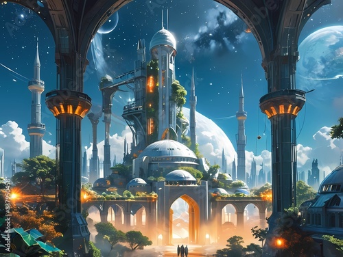 ゲーム背景異世界オリエンタルドーム宮殿のある風景