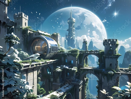 ゲーム背景雪と満月の異世界迷宮都市全景