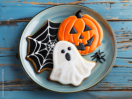 Festive baked delicious Halloween cookies in the shape of an orange pumpkin, a white ghost, a spider web, on a decorative plate, with black spiders, on a blue wooden background