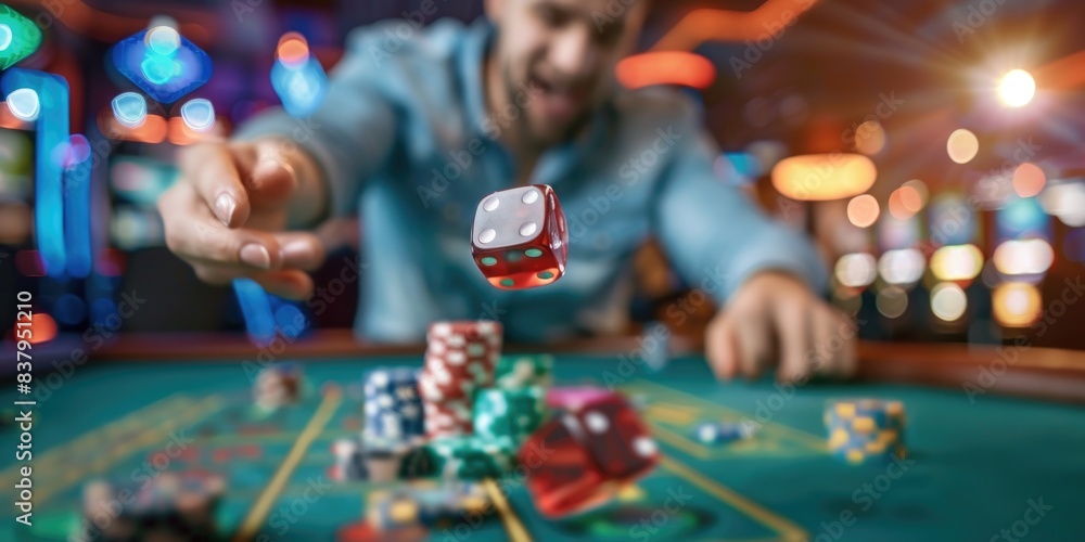 Man at a casino table throwing dice, with blurred background Man at a casino table throwing dice, with blurred background