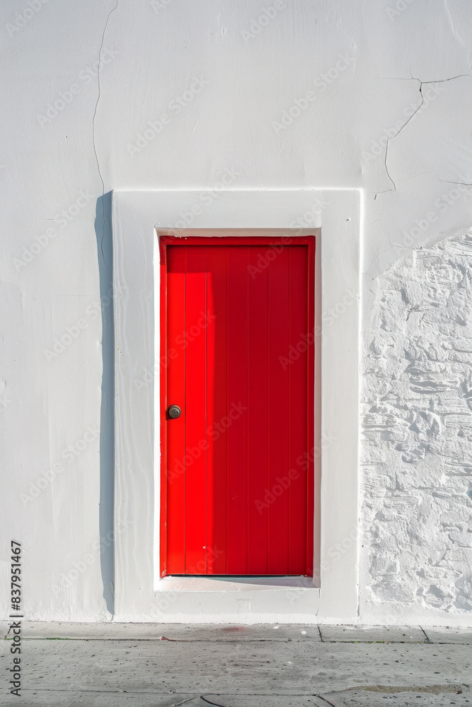A vibrant red door stands alone in the center of a white wall, casting a slight shadow. The design is simple and clean, highlighting the door as the focal point. A vibrant red door stands alone in the center of a white wall, casting a slight shadow. The design is simple and clean, highlighting the door as the focal point.