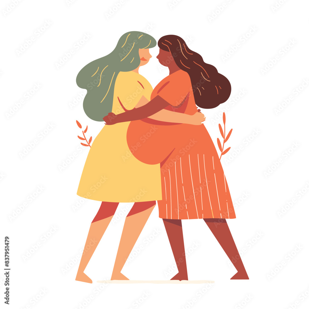 Two women embracing warmly, expressing friendship love, wearing casual dresses. Elegant vector illustration diverse female friends showing care closeness. Simple modern graphic style depicting Two women embracing warmly, expressing friendship love, wearing casual dresses. Elegant vector illustration diverse female friends showing care closeness. Simple modern graphic style depicting