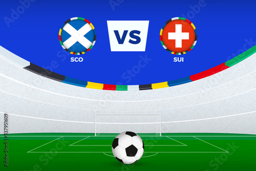 Illustration of stadium for football match between Scotland and Switzerland, stylized template from soccer tournament.