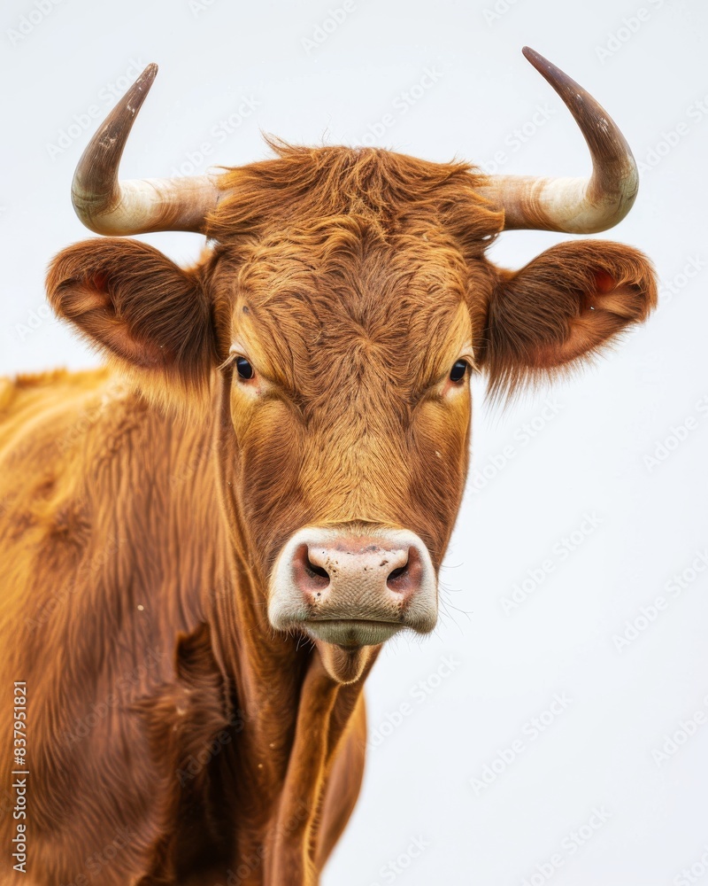 Mystic portrait of Domestic Cattle, copy space on right side, Anger, Menacing, Headshot, Close-up View Isolated on white background Mystic portrait of Domestic Cattle, copy space on right side, Anger, Menacing, Headshot, Close-up View Isolated on white background