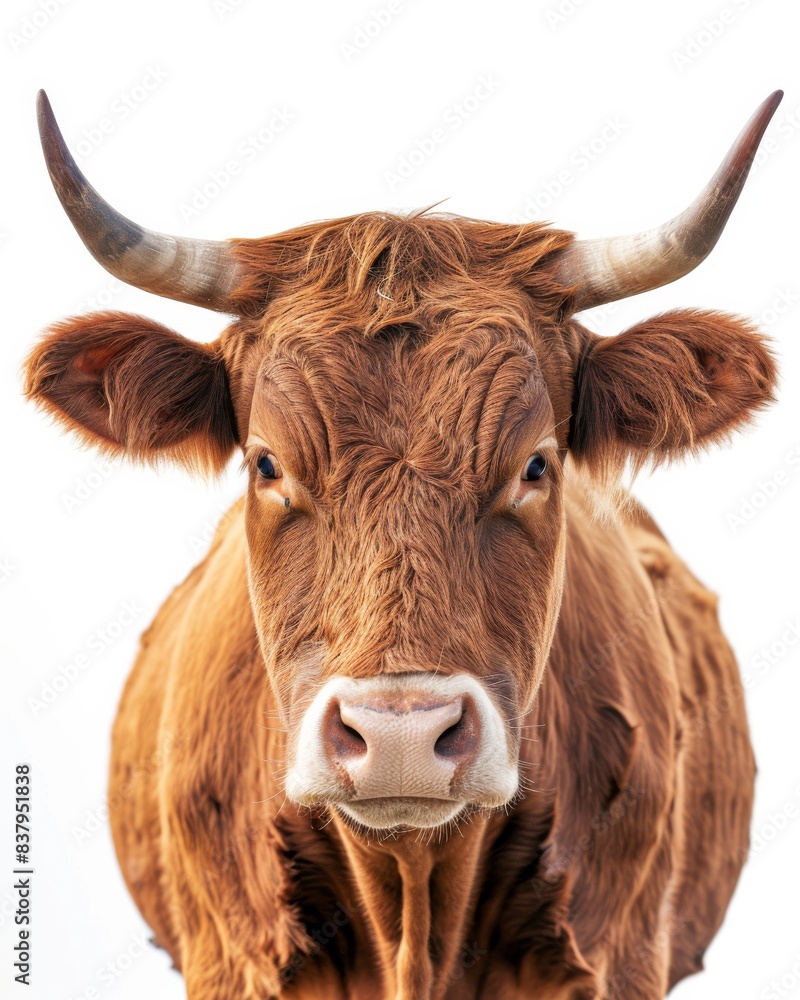 Mystic portrait of Domestic Cattle, copy space on right side, Anger, Menacing, Headshot, Close-up View Isolated on white background Mystic portrait of Domestic Cattle, copy space on right side, Anger, Menacing, Headshot, Close-up View Isolated on white background