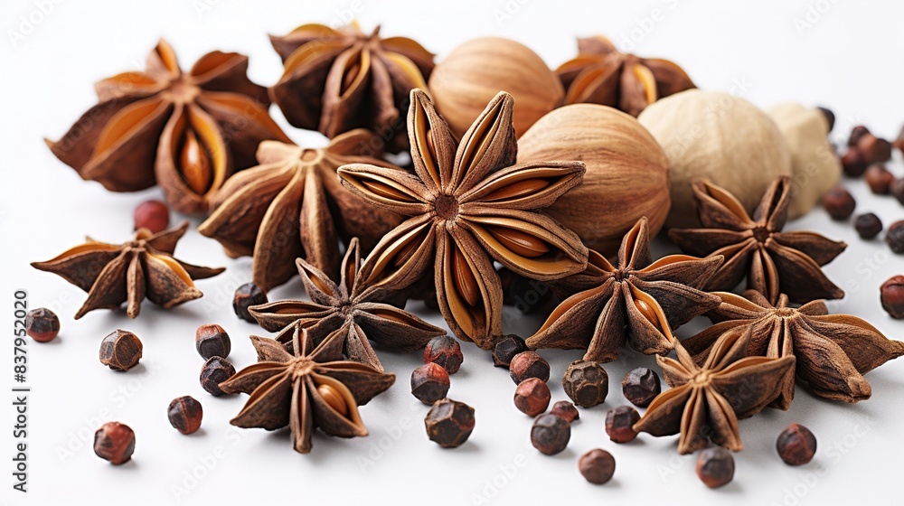 Aromatic star anise and cloves on white background Aromatic star anise and cloves on white background