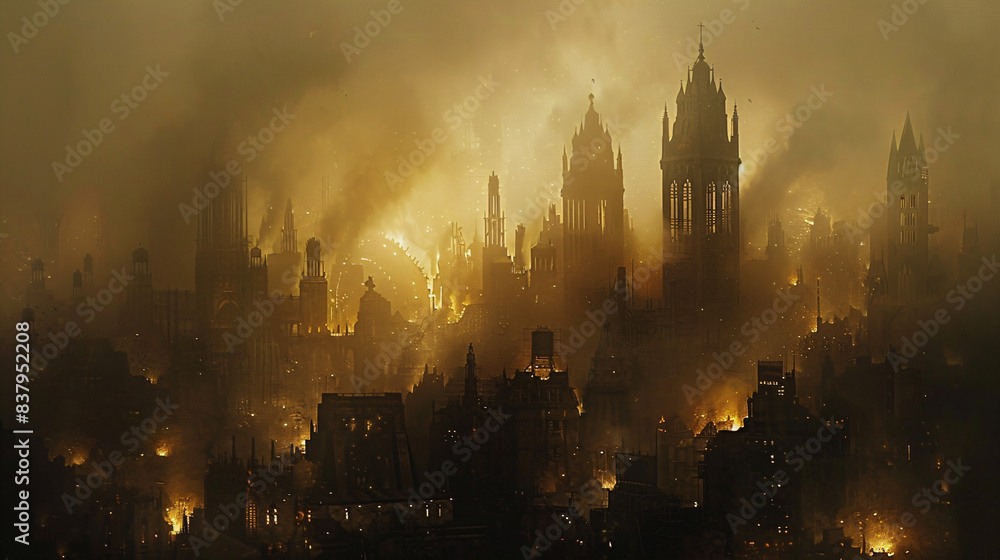 shadowy destroyed city in the fog
