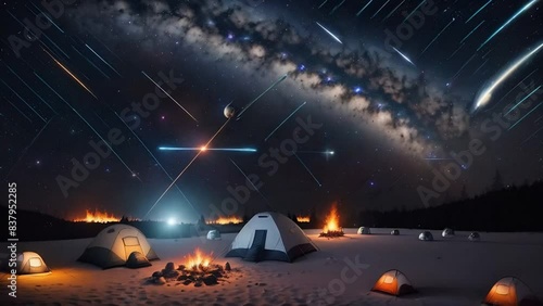 Stars Glistening in the Night Sky: Fire Embers, Camp with Tents and Bonfire, Milky Way and Planets, Looped