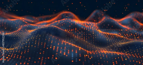 Dark blue background with orange glowing dots and lines forming waves of data, creating an abstract digital landscape in the style of data flows
 photo