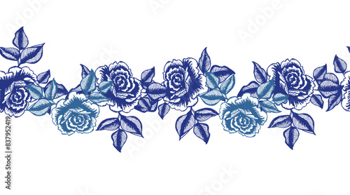 Seamless boarder Roses with leaves hand drawn flower striped pattern for card design, scrapbook,wallpaper.