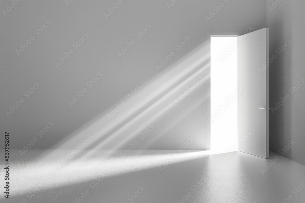 A minimalist door slightly open with a beam of bright light spilling out, illuminating the plain background. The simplicity of the scene highlights the contrast between light and shadow A minimalist door slightly open with a beam of bright light spilling out, illuminating the plain background. The simplicity of the scene highlights the contrast between light and shadow