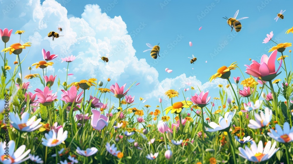 A field of flowers with a few bees flying around A field of flowers with a few bees flying around