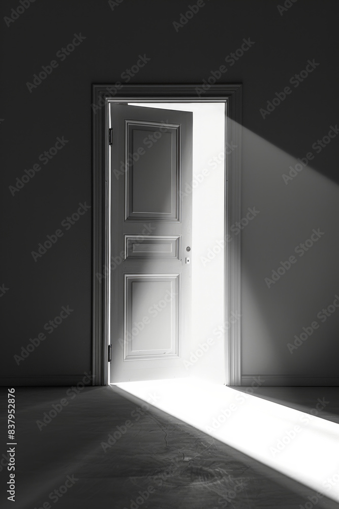 A minimalist door slightly open with a beam of bright light spilling out, illuminating the plain background. The simplicity of the scene highlights the contrast between light and shadow A minimalist door slightly open with a beam of bright light spilling out, illuminating the plain background. The simplicity of the scene highlights the contrast between light and shadow