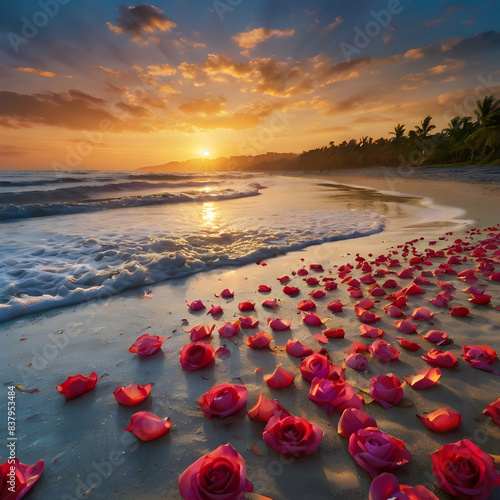A gentle rain of vibrant rose petals, shimmering with the celestial glow of twilight stars, descends upon the serene beach. photo