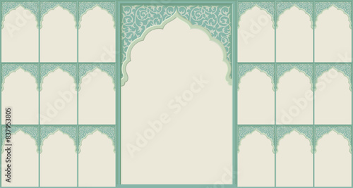 Set of windows Beautiful Arch small and Big Design with Indian Rajasthani fort and Culture. Wedding Backdrop and other uses. Abstract Indian floral design, Persian carpet, tribal texture, Vector.