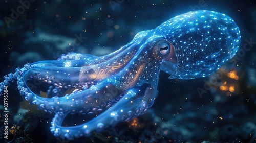 Mysterious deep-sea scene featuring a bioluminescent squid in the darkness of the ocean depths, eerie and glowing