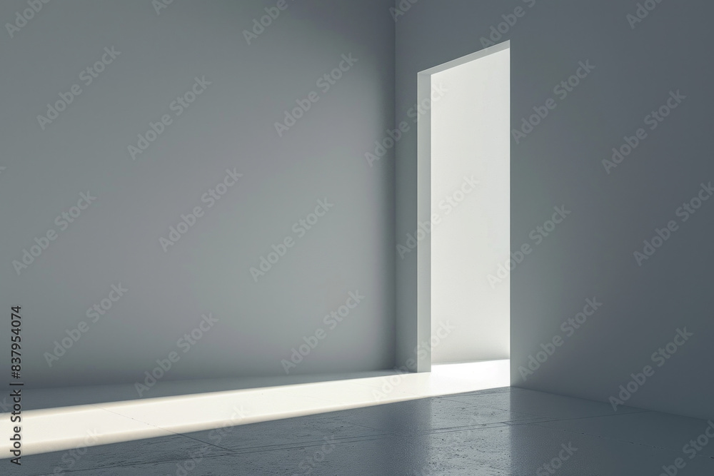 A minimalist door slightly open with a beam of bright light spilling out, illuminating the plain background. The simplicity of the scene highlights the contrast between light and shadow A minimalist door slightly open with a beam of bright light spilling out, illuminating the plain background. The simplicity of the scene highlights the contrast between light and shadow