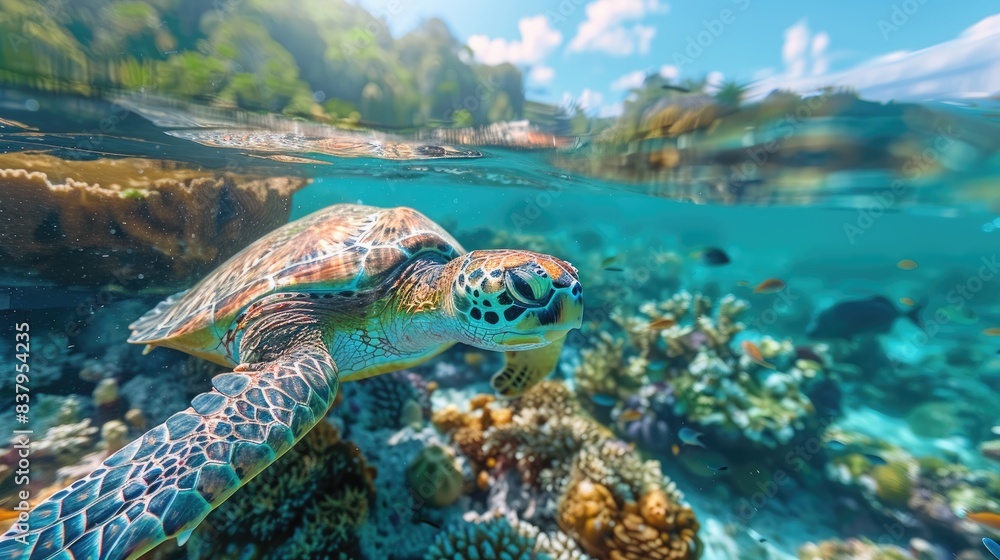 Obraz premium Diverse marine ecosystem with a vibrant coral reef, teeming with colorful fish and a curious turtle, under crystal clear water
