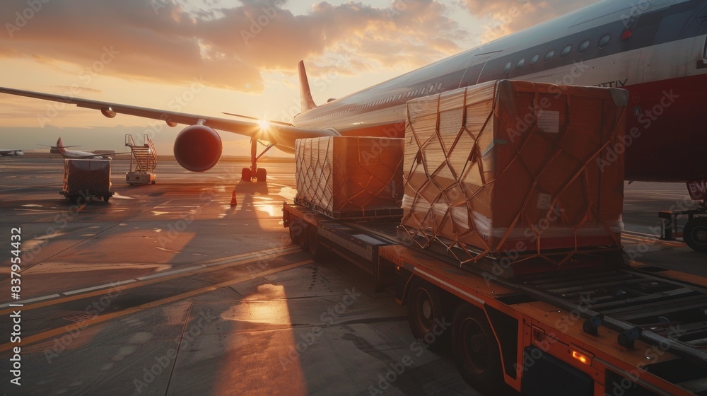 Cargo loading at the airport logistic team preparing containers for shipment into a freighter jet Cargo loading at the airport logistic team preparing containers for shipment into a freighter jet