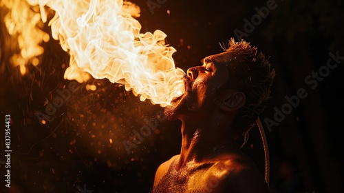  Man with fire breathing torch on his head at night.