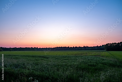 A stunning view of a colorful sunset above a lush green field  ideal for capturing the essence of nature and landscapes