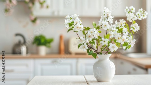 White flowers in a vase on a table against a kitchen interior with white cabinets and a dining area  closeup.