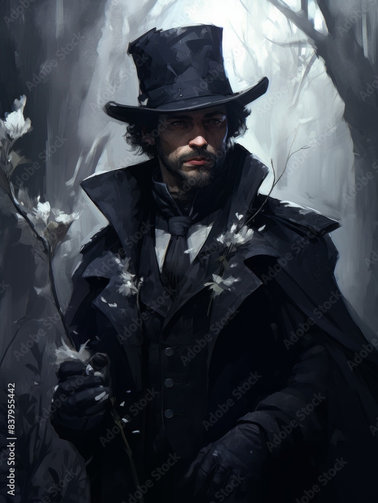 Fototapeta premium Vintage man wearing a cylinder and classic costume in the foggy forest. Classic man wearing suit