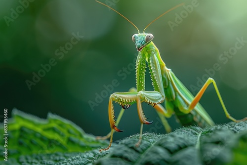 Wallpaper Mural Macro shot of a praying mantis in a hunting pose on a green leaf, showcasing its predatory features and camouflage skills Torontodigital.ca