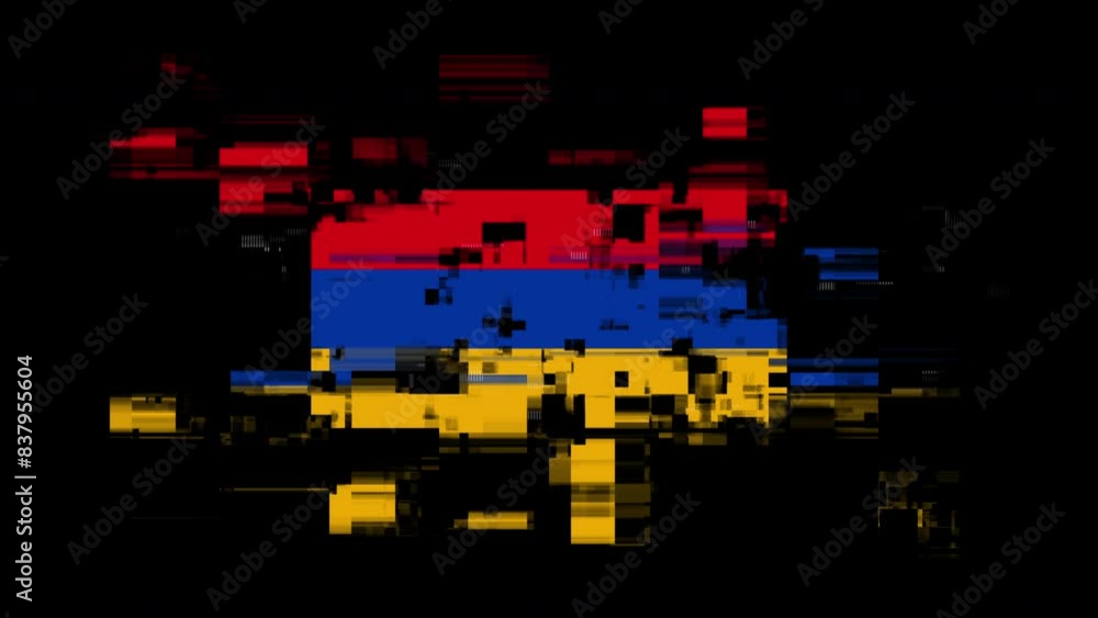 Flag Armenia with screen effects of technological failures. Spectacular screen glitch with various kinds of interference. Looped