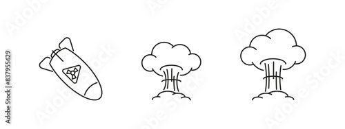 Nuclear bomb explosion vector icon set. Nuke missile mushroom explode.