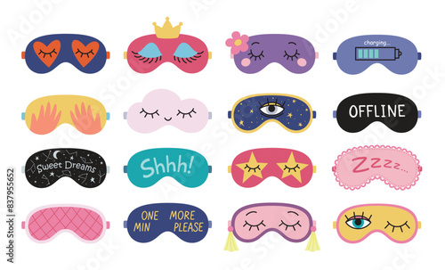 Sleep eye masks set. Collection of funny night accessories for healthy sleeping, travel and recreation. Isolated vector illustrations on white background
