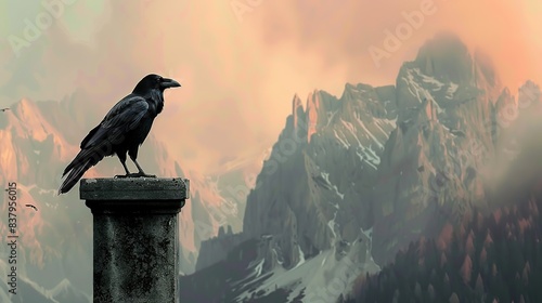 Mystical raven perched on a pillar against a backdrop of towering mountain peaks photo