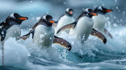 Group of emperor penguins on an ice floe, diving into the icy waters filled with small fish and krill, Antarctic setting