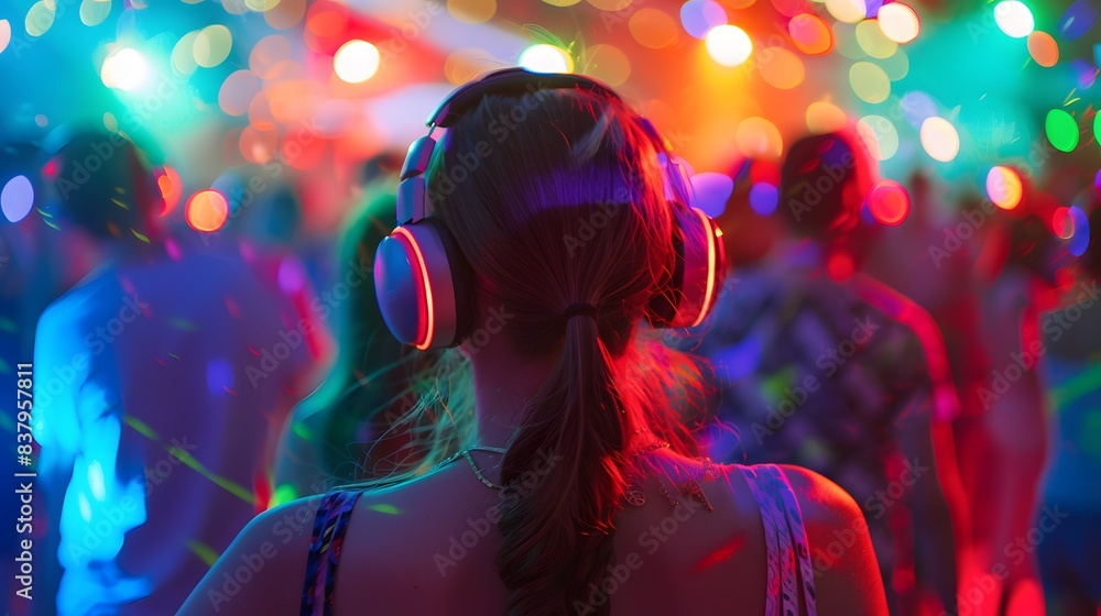 Festival goers enjoying a silent disco at a summer music festival, headphones, dancing, vibrant colors, unique experience