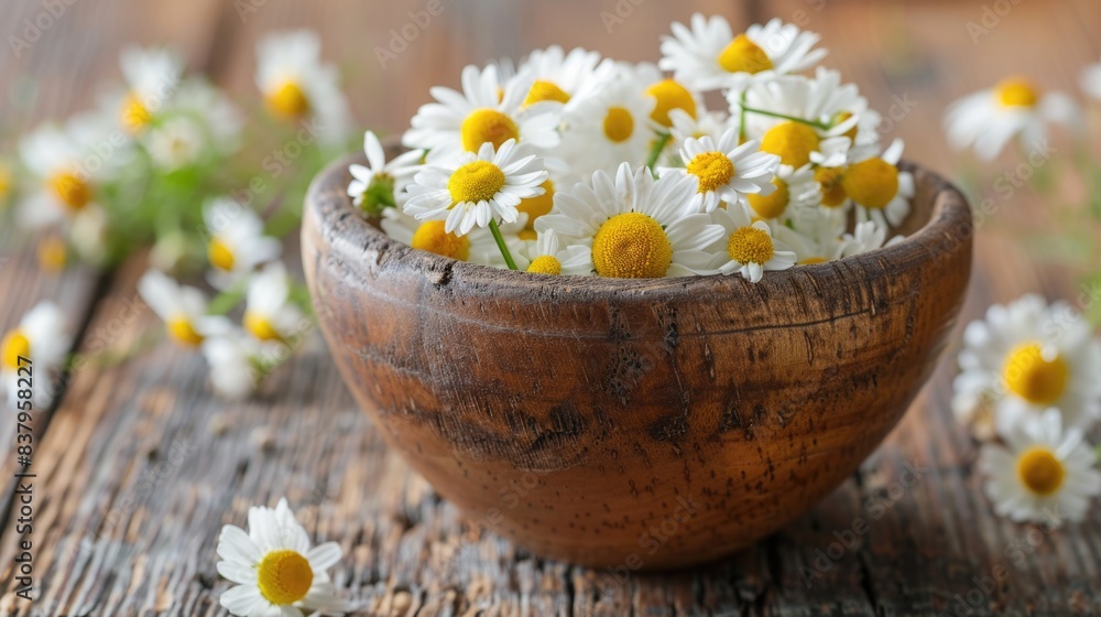 Medicinal chamomile flowers in a bowl on a wooden table
