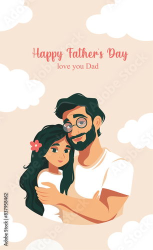 Vector holiday banner cute illustration of happy father hugging his daughter. Templates for Father's Day, Dad I love you, for poster, cover, postcard