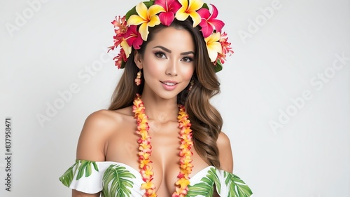 sexy woman wearing hawaiian costume with plain white b background