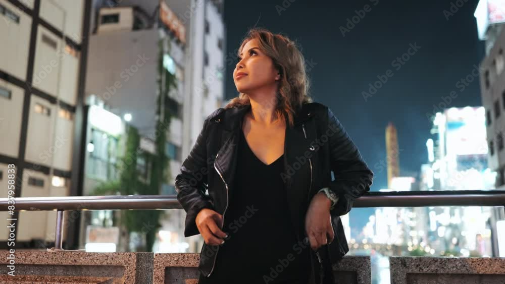 Asian woman stands on bridge at night, gazing upwards with dreamy expression. Bustling city lights illuminate her, highlighting the contrast between her contemplative state vibrant urban environment Asian woman stands on bridge at night, gazing upwards with dreamy expression. Bustling city lights illuminate her, highlighting the contrast between her contemplative state vibrant urban environment