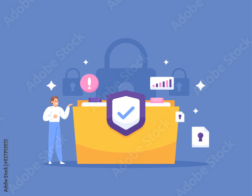 business data security. safety protection of company document archives. file management and administration. protect and manage confidential company data. illustration concept. graphic elements