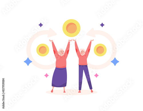 pension or retirement fund. return investment. illustration of a grandfather and grandmother receiving money from investment. get money in old age. happy grandparents. illustration concept. graphic