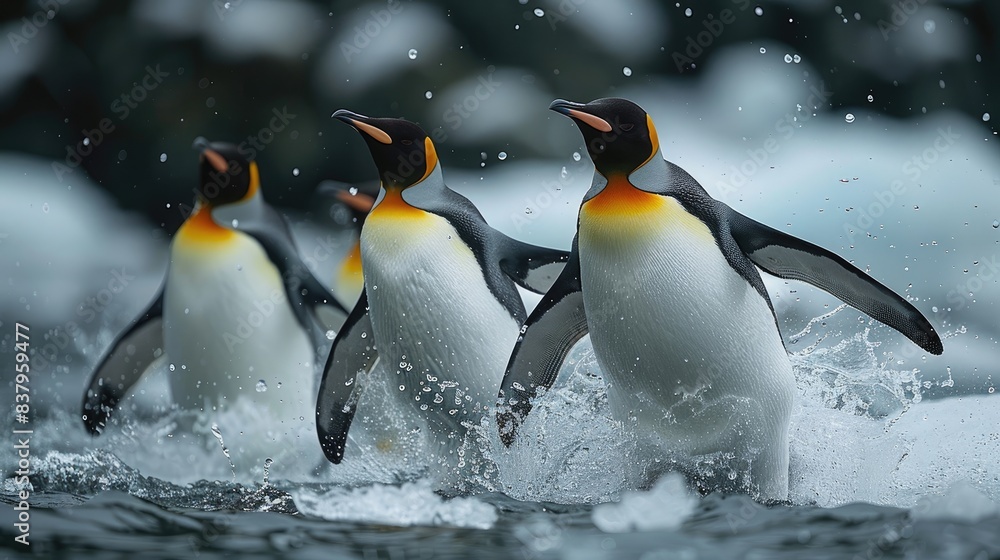 Fototapeta premium Group of emperor penguins on an ice floe, diving into the icy waters filled with small fish and krill, Antarctic setting
