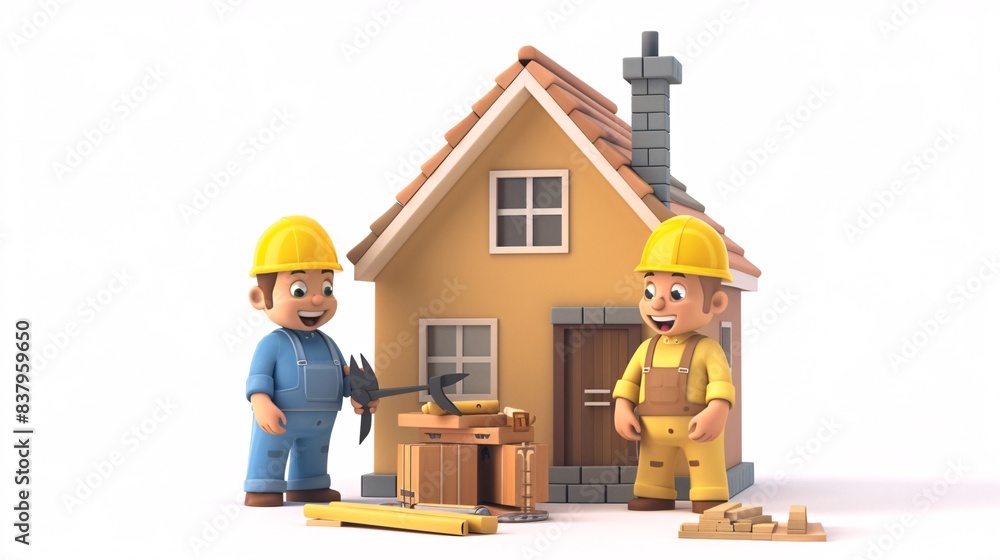 3D cartoon builders using tools to construct a house, white background 3D cartoon builders using tools to construct a house, white background