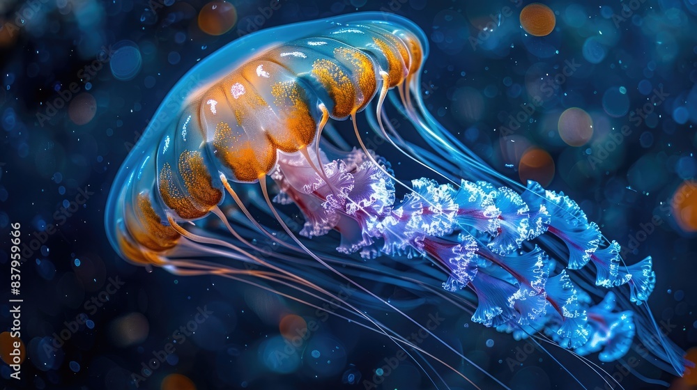 A close-up of a jellyfish with luminescent tentacles drifting elegantly in a deep blue ocean, highlighting its intricate patterns A close-up of a jellyfish with luminescent tentacles drifting elegantly in a deep blue ocean, highlighting its intricate patterns