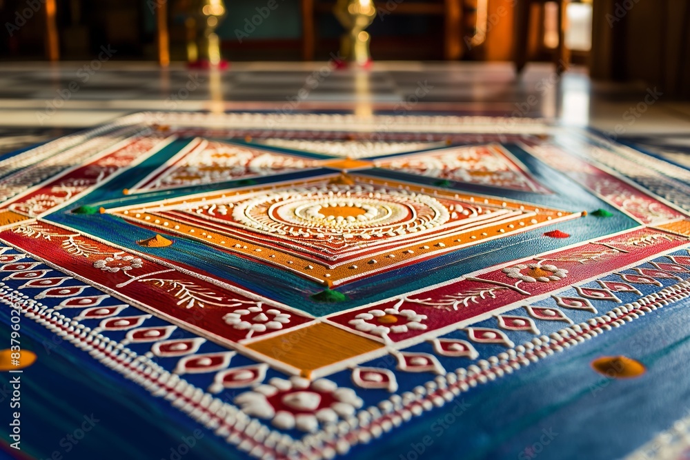 Detailed Rangoli Design in Blue and Orange for Hindu Festivals and Celebrations Detailed Rangoli Design in Blue and Orange for Hindu Festivals and Celebrations