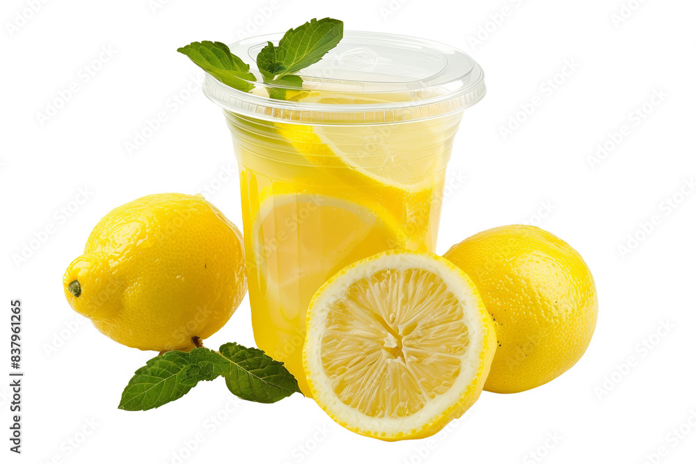 Fresh lemon juice in a plastic cup with slice lemon and mint leaves, next to whole and halved lemons on a white background. Fresh lemon juice in a plastic cup with slice lemon and mint leaves, next to whole and halved lemons on a white background.