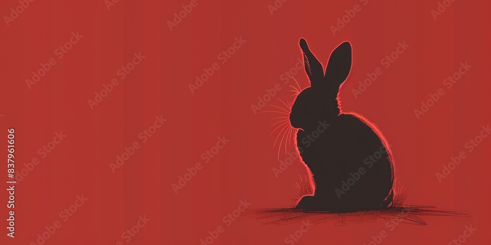 Fototapeta premium Minimalistic bold red easter card design with easter bunny silhouette and copy space.