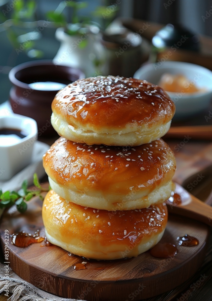 Dorayaki - Pancake-like buns filled with sweet red bean paste. Dorayaki - Pancake-like buns filled with sweet red bean paste.