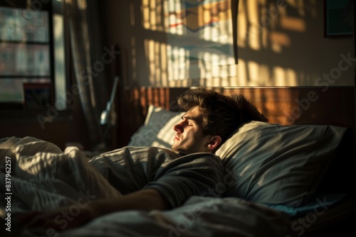 A man lies in bed, looking tired and unwilling to start his day. photo