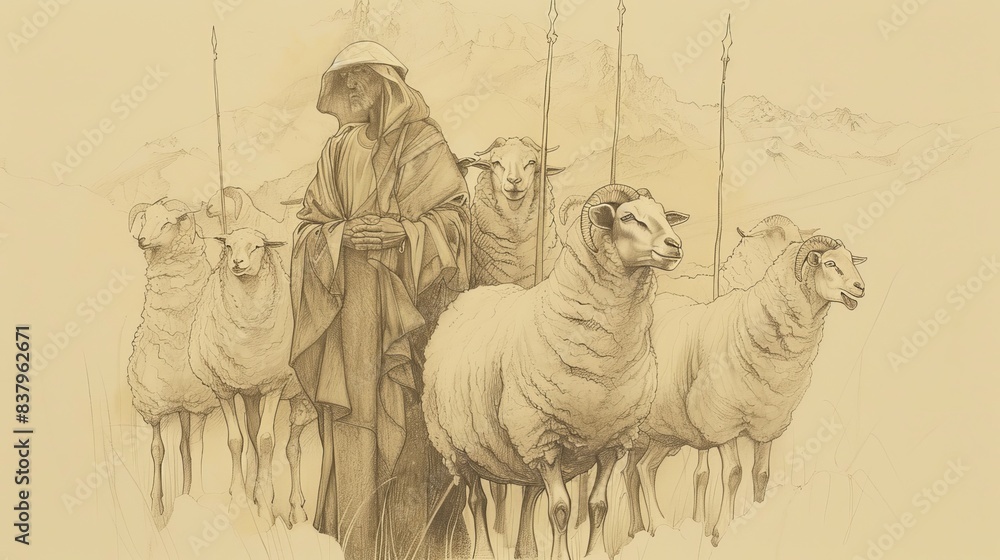 Obraz premium Biblical Illustration of the Parable of the Sheep and the Goats: Righteous Inheriting the Kingdom, Beige Background, Copyspace